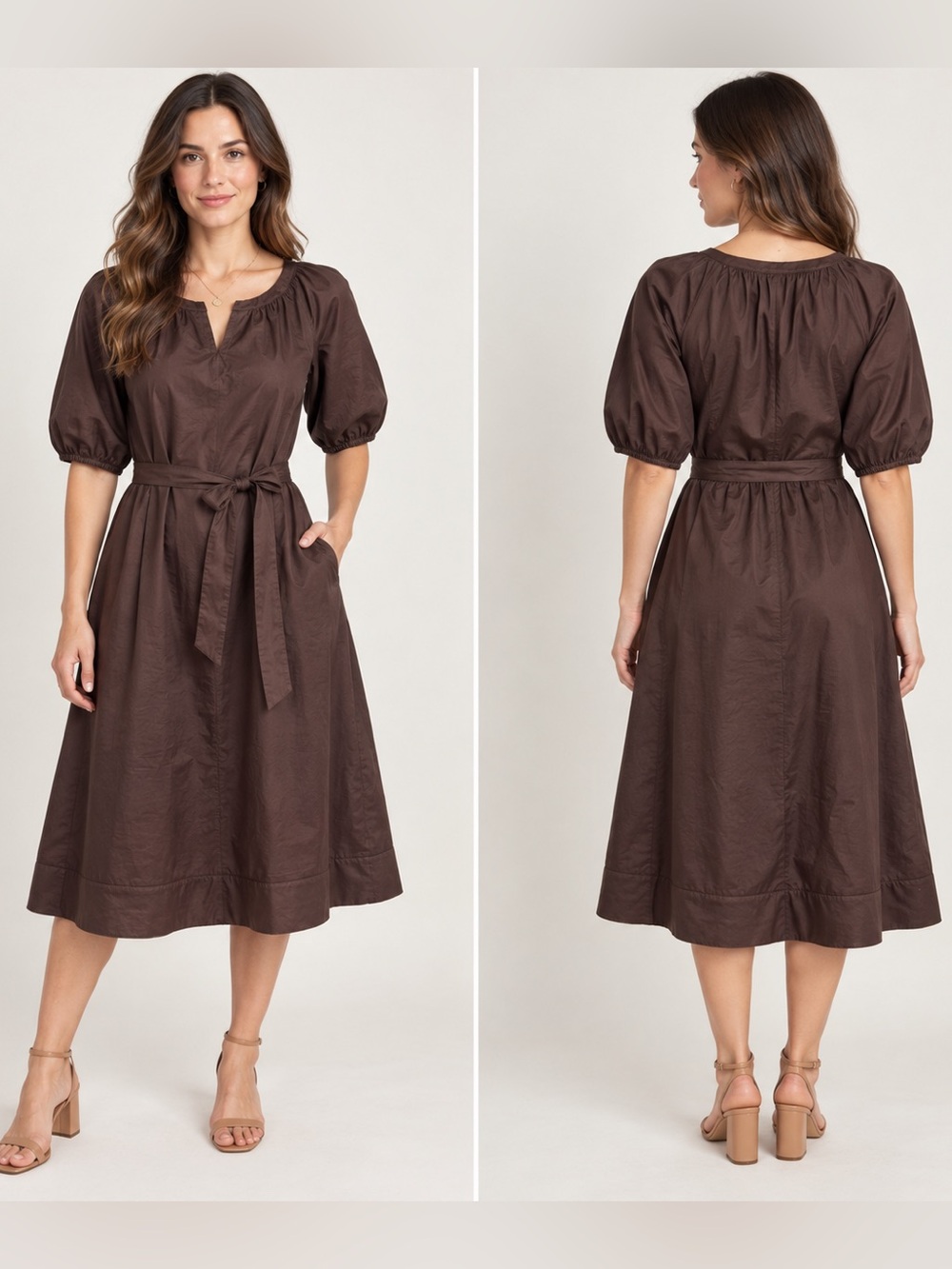 Merona Brown Cotton Belted Midi Dress Size Small Puff Sleeve